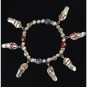 Patriotic Flip Flop Charm Beaded Bracelet Red White Blue Silver Tone Rhinestone